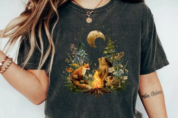 Download Whimsical Woodland Friends Around Campfire Under Crescent Moon Illustration Png - Woodland friends Collection